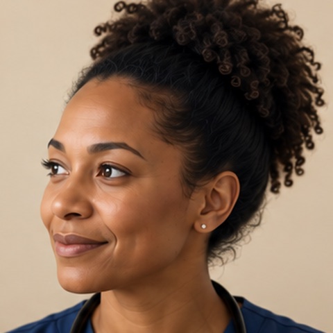 Portrait of a nurse in scrubs looking into the distance
